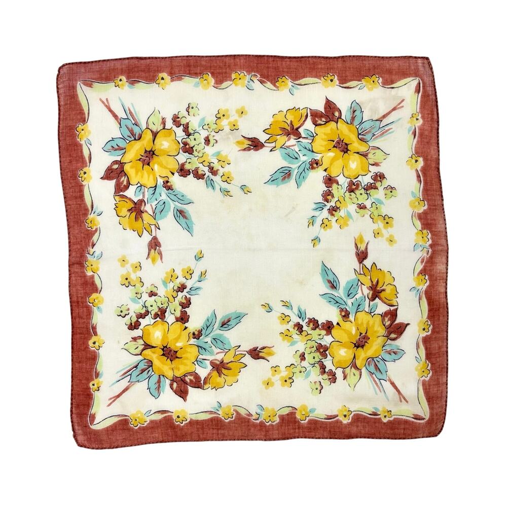 Vintage 1940s Cotton Daffodil Handkerchief Yellow Floral Rust Red Border 11"
